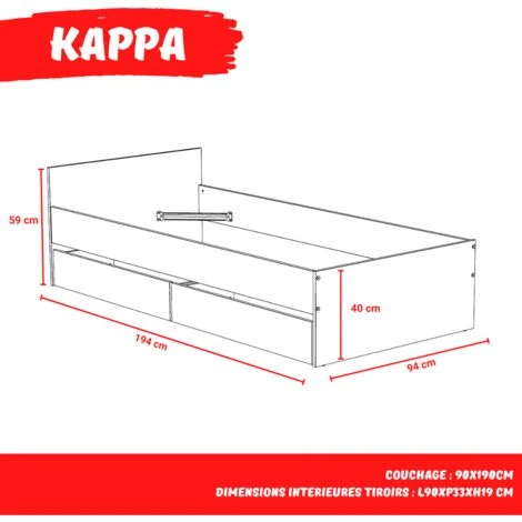 Lit KAPPA 90x190 + 2 Tiroirs / Noir & Chêne Blanchi/ L194xl94xH59 – Image 4