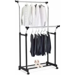 GOPLUS Portant A Vetement 2 Barres De Suspension Hauteurs Reglables, Penderie Avec 2 Etageres, 4 Roues Universelles 2 Avec Frein, Etagere Du Bas Pour Chaussures Et Boîtes, 84x50x170CM, Noir