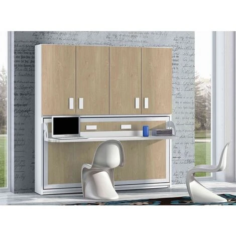 Lit Escamotable 140x190 Cm P 53 Cm Chêne Clair Avec étagères Et Bureau Miko