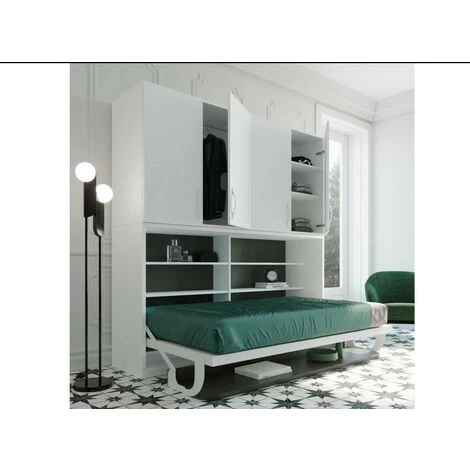 Lit Escamotable 140x190 Cm P 53 Cm Chêne Clair Avec étagères Et Bureau Miko – Image 2