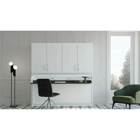 Lit Escamotable 140x190 Cm P 53 Cm Chêne Clair Avec étagères Et Bureau Miko – Image 3