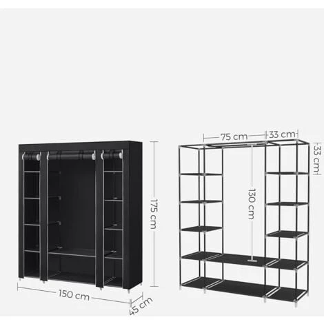Songmics Armoire De Rangement, Penderie Pliable En Tissus, Garde-robe, Avec Tringle, ÉtagÈres, Housse En Tissu Non-tissÉ, Pour Chambre, Vestiaire, 150 X 45 X 175 Cm, Noir LSF03H – Image 5