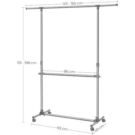 Songmics Portant Penderie à Vêtement Sur Roulettes Gris Hauteur: 113-198cm, Tube En Fer Revêtu D'acier LLR401 – Image 5