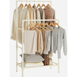 Songmics Portant à Vêtements Double Barre, Portemanteau, Penderie, Organisateur, En Métal, Avec étagère De Rangement à 2 Niveaux, Charge 55 Kg, Montage Facile, Blanc RDR01WT