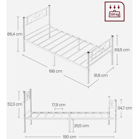 Songmics Lit Adulte 90 X 190 Cm, Cadre De Lit En Métal, Charge Statique Maximale : 150 Kg, Blanc – Image 5