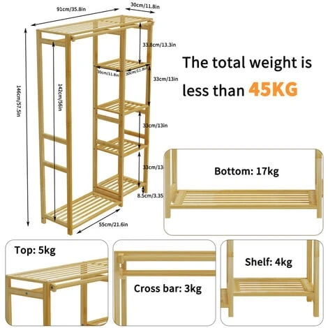 Penderie à Vêtement - Porte Manteau En Bambou - Armoire De Rangement Avec Rideau Pour Maison Chambre Vestiaire - 90x30x146,6 Cm – Image 3