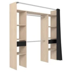 EKIPA Dressing Avec Rideau - 2 Colonnes Avec 2 Tiroirs + 2 Penderies - Décor Chene Jackson Et Noir - L 198 X P 48 X H 203 Cm -