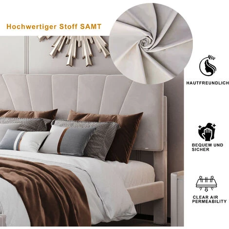 Lit Double Capitonné 140 X 200 Cm En Tissu Beige Avec Grand Tiroir, 2 Personnes, Sommier à Lattes & Sommier, Style Scandinave, Beige – Image 3