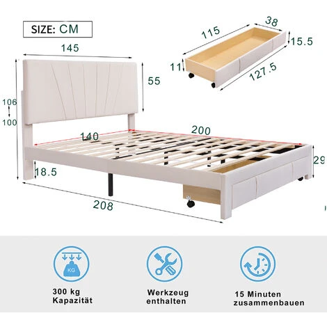 Lit Double Capitonné 140 X 200 Cm En Tissu Beige Avec Grand Tiroir, 2 Personnes, Sommier à Lattes & Sommier, Style Scandinave, Beige – Image 4