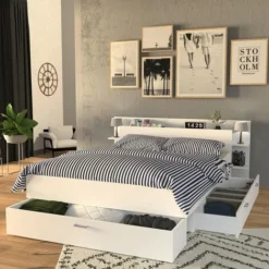 Lit SAMBA 140x190cm + Tête De Lit + 2 Tiroirs / Blanc/ 216x180x80
