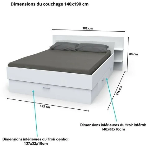 Lit SAMBA 140x190cm + Tête De Lit + 2 Tiroirs / Blanc/ 216x180x80 – Image 4