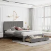 Lit Double Capitonné 140 X 200 Cm En Tissu Gris Avec Grand Tiroir, 2 Personnes, Sommier à Lattes & Sommier, Style Scandinave, Gris
