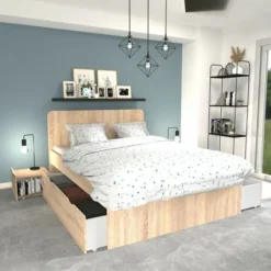 Lit Double ZENIA 160x200 + 2 Chevets + 2 Tiroirs / Chêne Blanchi/ 205x164x80