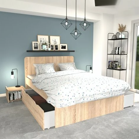 Lit Double ZENIA 160x200 + 2 Chevets + 2 Tiroirs / Chêne Blanchi/ 205x164x80