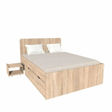 Lit Double ZENIA 160x200 + 2 Chevets + 2 Tiroirs / Chêne Blanchi/ 205x164x80 – Image 2