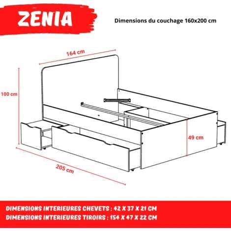 Lit Double ZENIA 160x200 + 2 Chevets + 2 Tiroirs / Chêne Blanchi/ 205x164x80 – Image 4