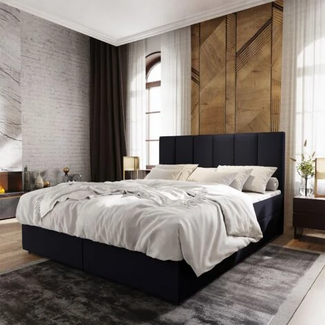 Lit Boxspring Avec Matelas Et Sur-matelas Inclus Meril 140x200cm Simili Noir – Image 2