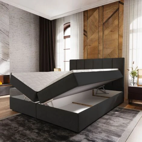 Lit Boxspring Avec Matelas Et Sur-matelas Inclus Meril 140x200cm Simili Noir – Image 3