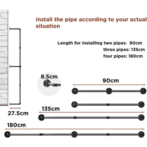 Portant à Vetement Mural Industriel Noir 180cm En Métal Porte Manteaux Tringle Rail De Suspension - Noir – Image 3