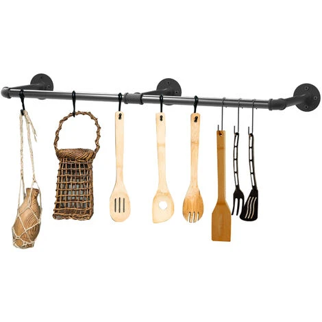 Portant à Vetement Mural Industriel Noir 180cm En Métal Porte Manteaux Tringle Rail De Suspension - Noir – Image 4