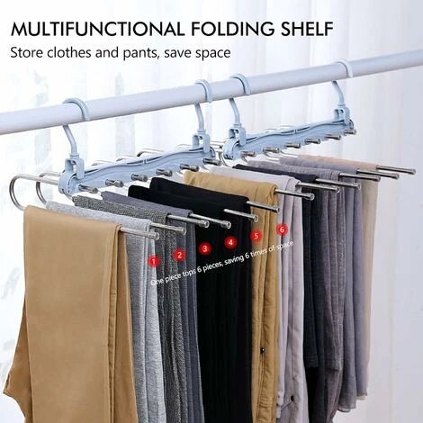Lot De 2 Cintres Pantalons Multiple Porte-Pantalons Multi Cintre Magique Rangement Cintre Gain De Place Pliable Pour Jeans Pantalons Cravate Vêtements Serviettes(Bleu Gris) – Image 3