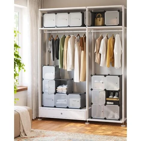 Songmics Meuble De Rangement Modulable, 16 Compartiments, Étagère En Plastique, Avec Portes, Pour Vêtements, Chaussures, Jouets, Livres, Assemblage Facile, Gris LPC443G01 – Image 2