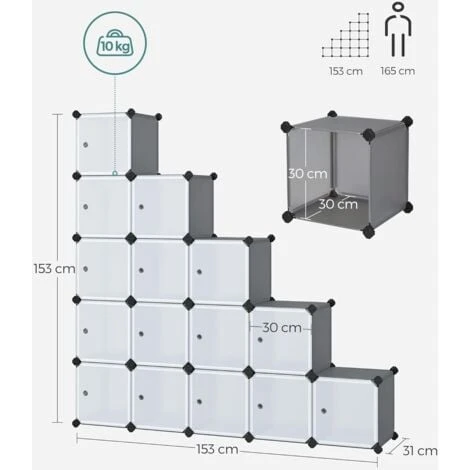 Songmics Meuble De Rangement Modulable, 16 Compartiments, Étagère En Plastique, Avec Portes, Pour Vêtements, Chaussures, Jouets, Livres, Assemblage Facile, Gris LPC443G01 – Image 3