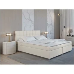 Ensemble Boxspring Complet Tête De Lit + Sommiers + Matelas + Surmatelas SIERO De DREAMEA - 160 X 200 Cm - Tissu - Ivoire