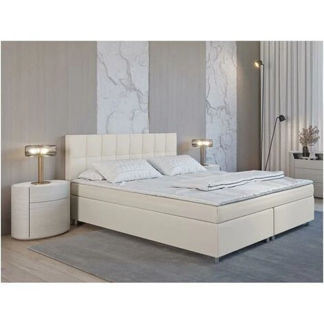 Ensemble Boxspring Complet Tête De Lit + Sommiers + Matelas + Surmatelas SIERO De DREAMEA - 160 X 200 Cm - Tissu - Ivoire
