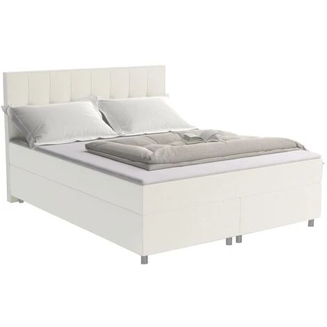 Ensemble Boxspring Complet Tête De Lit + Sommiers + Matelas + Surmatelas SIERO De DREAMEA - 160 X 200 Cm - Tissu - Ivoire – Image 2
