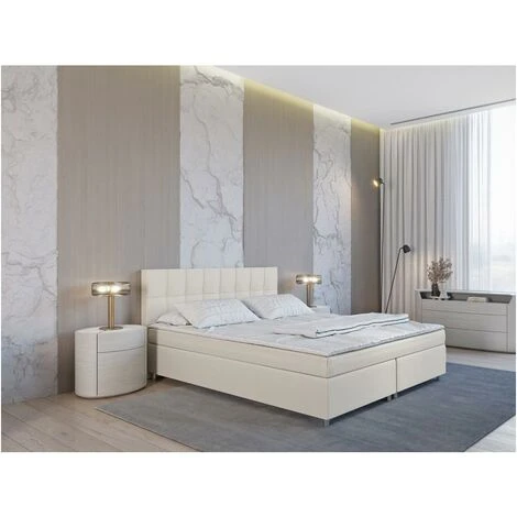 Ensemble Boxspring Complet Tête De Lit + Sommiers + Matelas + Surmatelas SIERO De DREAMEA - 160 X 200 Cm - Tissu - Ivoire – Image 3