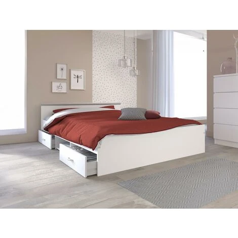 Lit Avec Rangements 140 X 190 Cm - 2 Tiroirs Et 1 Niche - Coloris : Blanc - PABLO