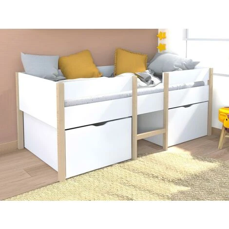 Lit Mi-hauteur SISSY - 2 Tiroirs - 90 X 190 Cm - Blanc Et Chêne – Image 2