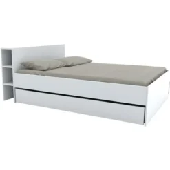 Lit Avec Tête De Lit Rangements Et Tiroirs 160 X 200 Cm - Blanc - EUGENE