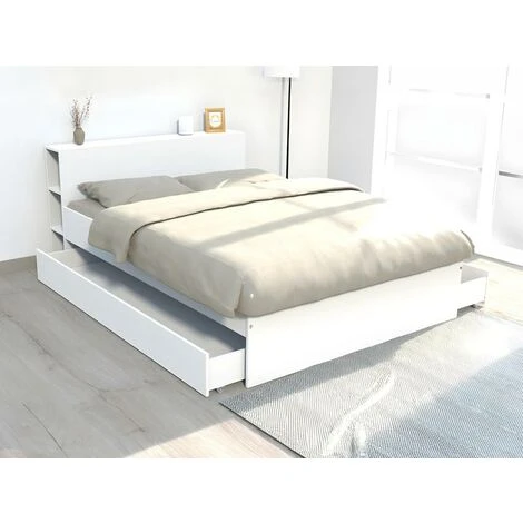 Lit Avec Tête De Lit Rangements Et Tiroirs 160 X 200 Cm - Blanc - EUGENE – Image 2