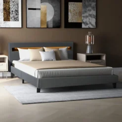 Lit Double Rembourré à LED - Revêtement En Similicuir Et Cadre En Bois Gris -140 X 200cm-sans Matelas