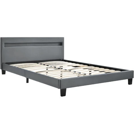Lit Double Rembourré à LED - Revêtement En Similicuir Et Cadre En Bois Gris -140 X 200cm-sans Matelas – Image 3