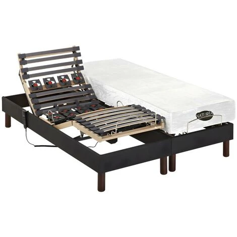 Lit électrique Relaxation Lattes Et Plots Matelas Mémoire Forme Tissu Anthracite THESEE De NATUREA - 2 X 70 X 190 Cm