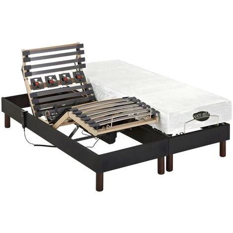 Lit électrique Relaxation Lattes Et Plots Matelas Mémoire Forme Tissu Anthracite THESEE De NATUREA - 2 X 70 X 190 Cm – Image 2