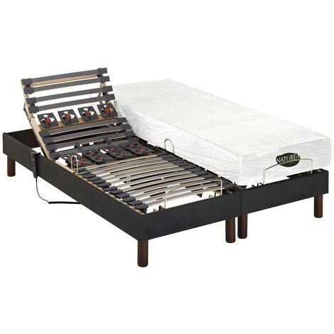 Lit électrique Relaxation Lattes Et Plots Matelas Mémoire Forme Tissu Anthracite THESEE De NATUREA - 2 X 70 X 190 Cm – Image 3