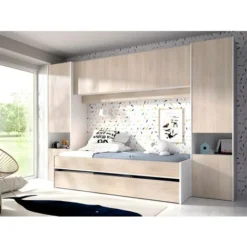 Lit Gigogne Avec Pont De Lit SELENA - 90 X 190 Cm - Coloris : Chêne Et Blanc + Matelas