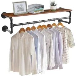 Penderie Murale Vêtement Suspendue Portant à Vêtement Mural Industriel Porte Manteau Tringle Vêtement Avec Étagère Amovible - 104x22x25cm Noir