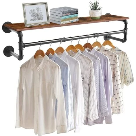 Penderie Murale Vêtement Suspendue Portant à Vêtement Mural Industriel Porte Manteau Tringle Vêtement Avec Étagère Amovible - 104x22x25cm Noir