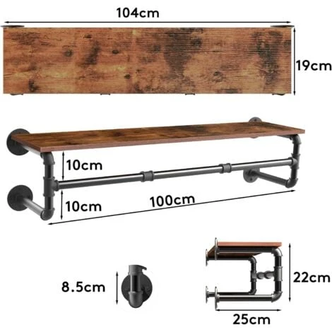 Penderie Murale Vêtement Suspendue Portant à Vêtement Mural Industriel Porte Manteau Tringle Vêtement Avec Étagère Amovible - 104x22x25cm Noir – Image 5