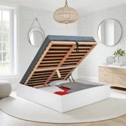 Lit Coffre BILBAO 160x200 Cm + Sommier / Blanc/ 206x167x33