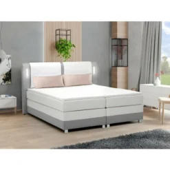 Ensemble Boxspring Complet Tête De Lit Avec Leds + Sommiers + Matelas + Surmatelas RIMINI De DREAMEA - 160 X 200 Cm - Tissu Et Simili - Gris Et Blanc