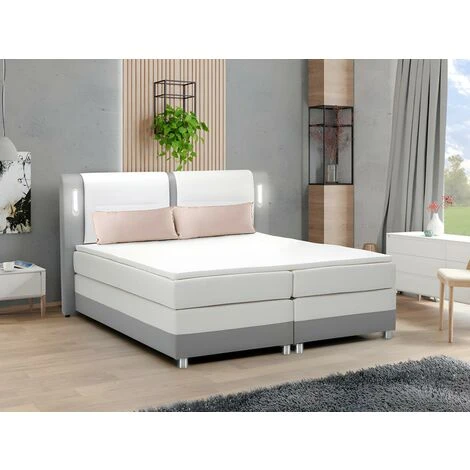 Ensemble Boxspring Complet Tête De Lit Avec Leds + Sommiers + Matelas + Surmatelas RIMINI De DREAMEA - 160 X 200 Cm - Tissu Et Simili - Gris Et Blanc