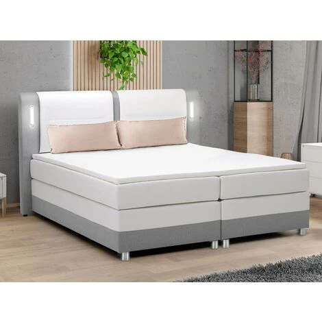 Ensemble Boxspring Complet Tête De Lit Avec Leds + Sommiers + Matelas + Surmatelas RIMINI De DREAMEA - 160 X 200 Cm - Tissu Et Simili - Gris Et Blanc – Image 3
