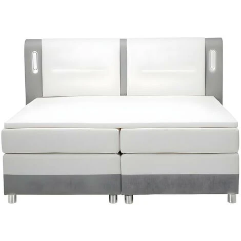 Ensemble Boxspring Complet Tête De Lit Avec Leds + Sommiers + Matelas + Surmatelas RIMINI De DREAMEA - 160 X 200 Cm - Tissu Et Simili - Gris Et Blanc – Image 4