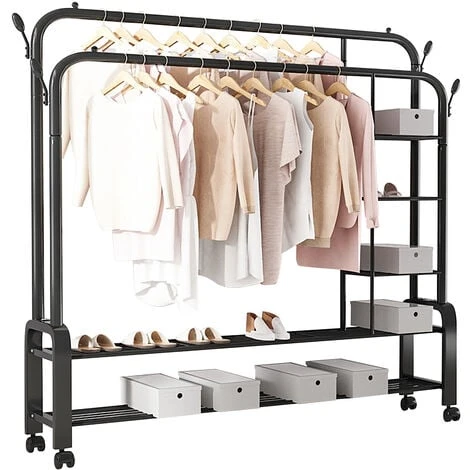 VINTEKY® Penderie à Vêtement, Porte-manteau, Double Portant En Métal 3 étages Avec Roues Rangement Chaussures 150x162x50cm - Noir